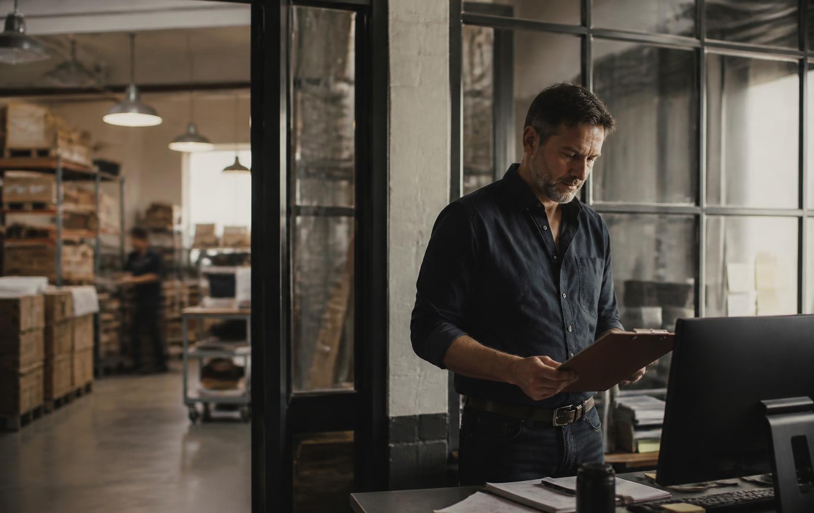 A business owner at a workbench desk reviewing operating documents in daylight