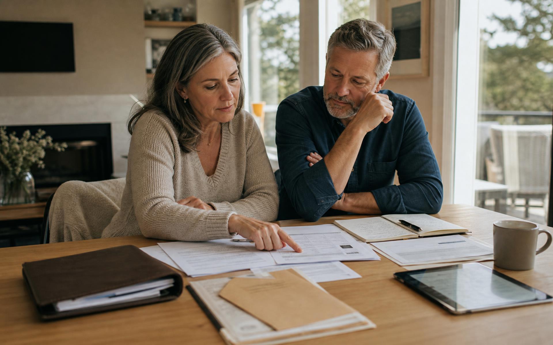 A couple in their sixties reviewing their estate binder, statements, deed folder and notes together at their dining table in natural light