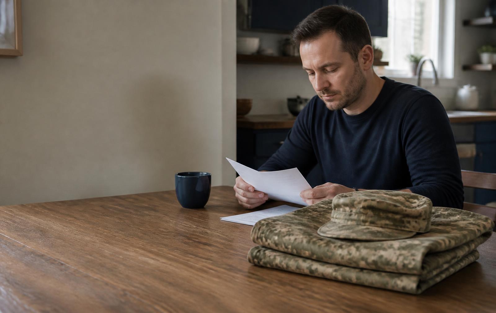 A service member's household paperwork and benefits documents laid out on a table at home