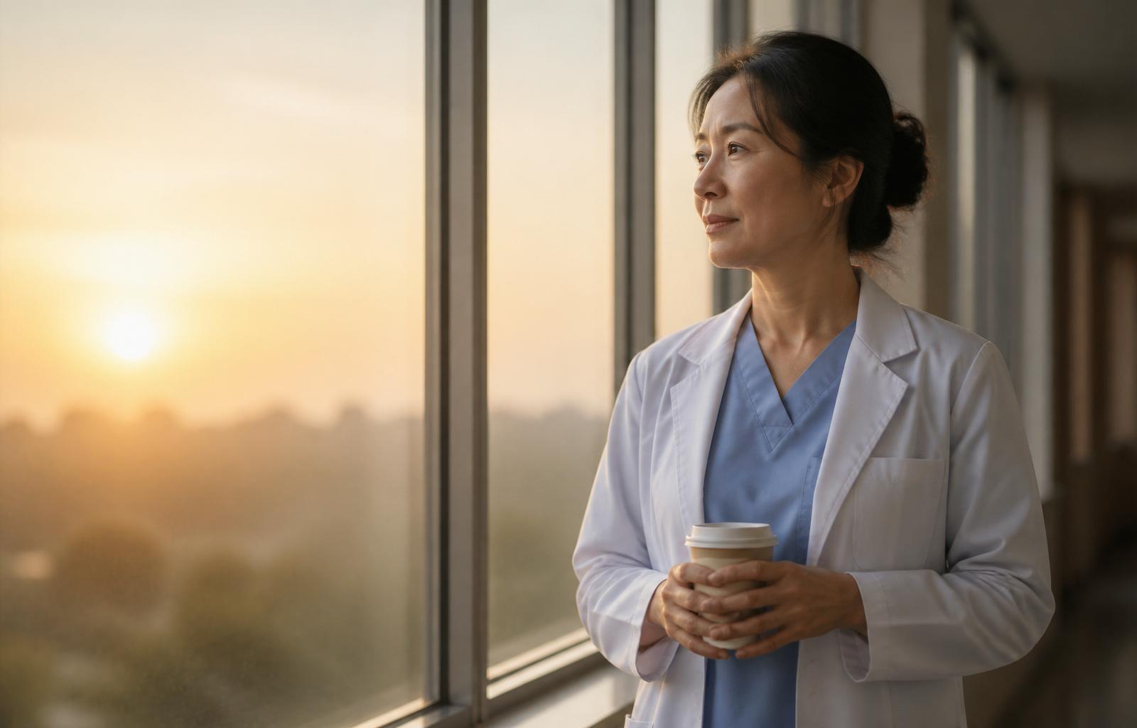 A physician reviewing personal financial paperwork in a quiet moment between shifts